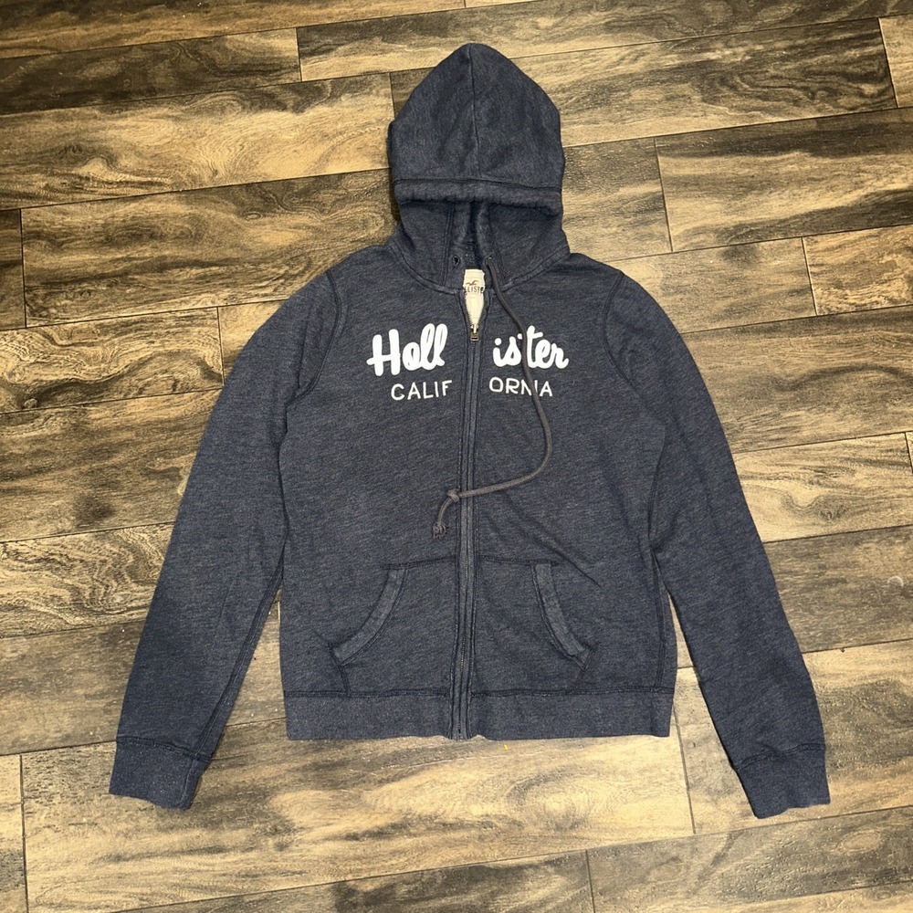 Vintage Hollister Jacket Y2K Navy Blue Women's Sz L Script Logo Full-Zip Fleece